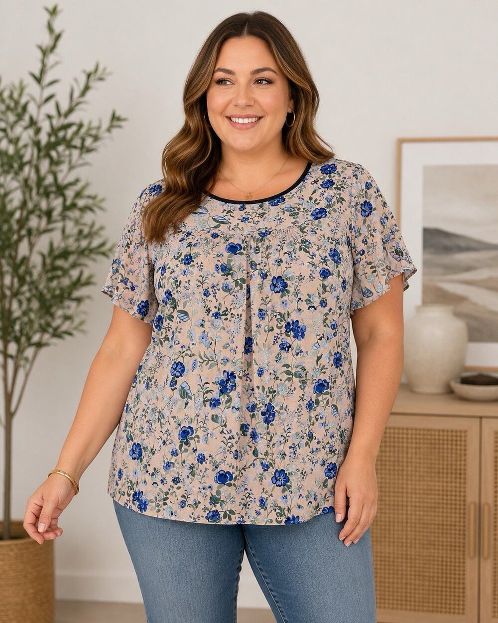 Nanette Lepore Floral Blouse Flowy Empire Waist Flutter Sleeve Cottagecore